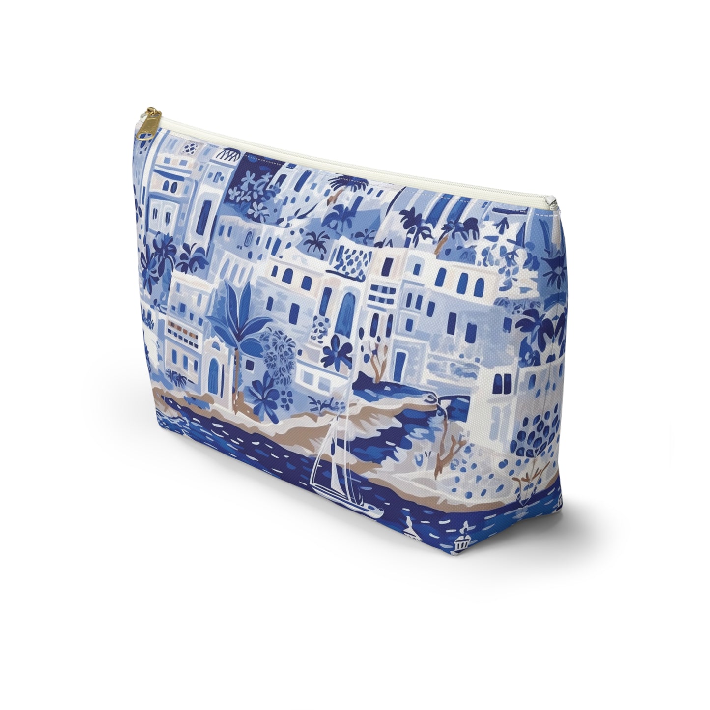 Blue and white patterned pouch on a white background