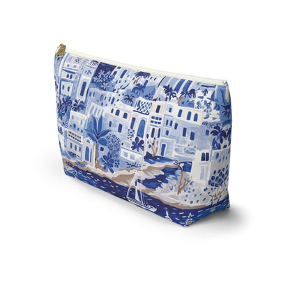 Blue and white patterned pouch on a white background