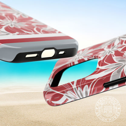 Columbus Tough case for iPhone with red and white floral design on a beach background