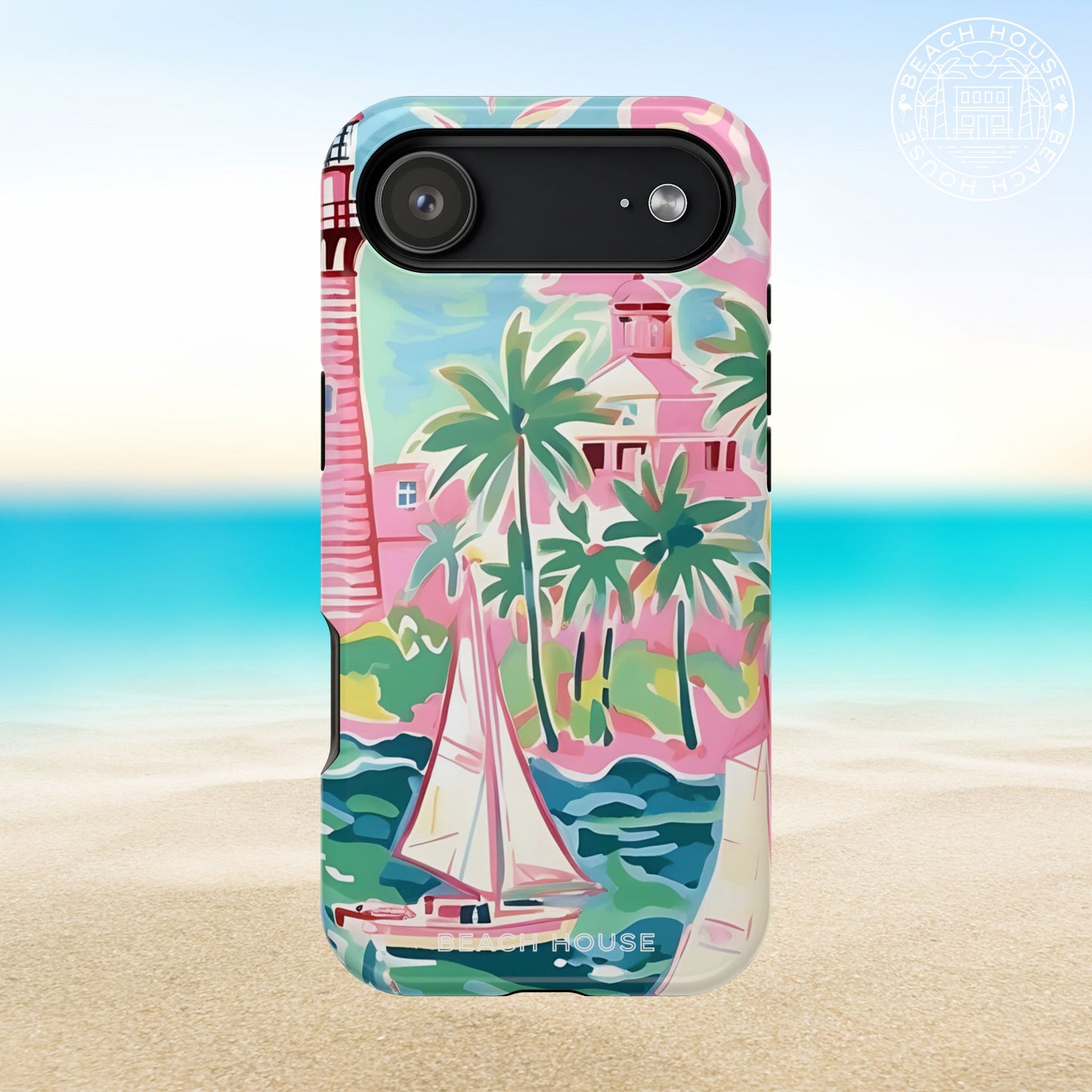 St. Simon MagSafe Tough Case for iPhone 17 Air with tropical design featuring palm trees and a lighthouse on a beach background