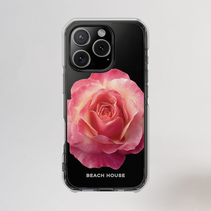 Phone case with a pink rose design on a light gray background