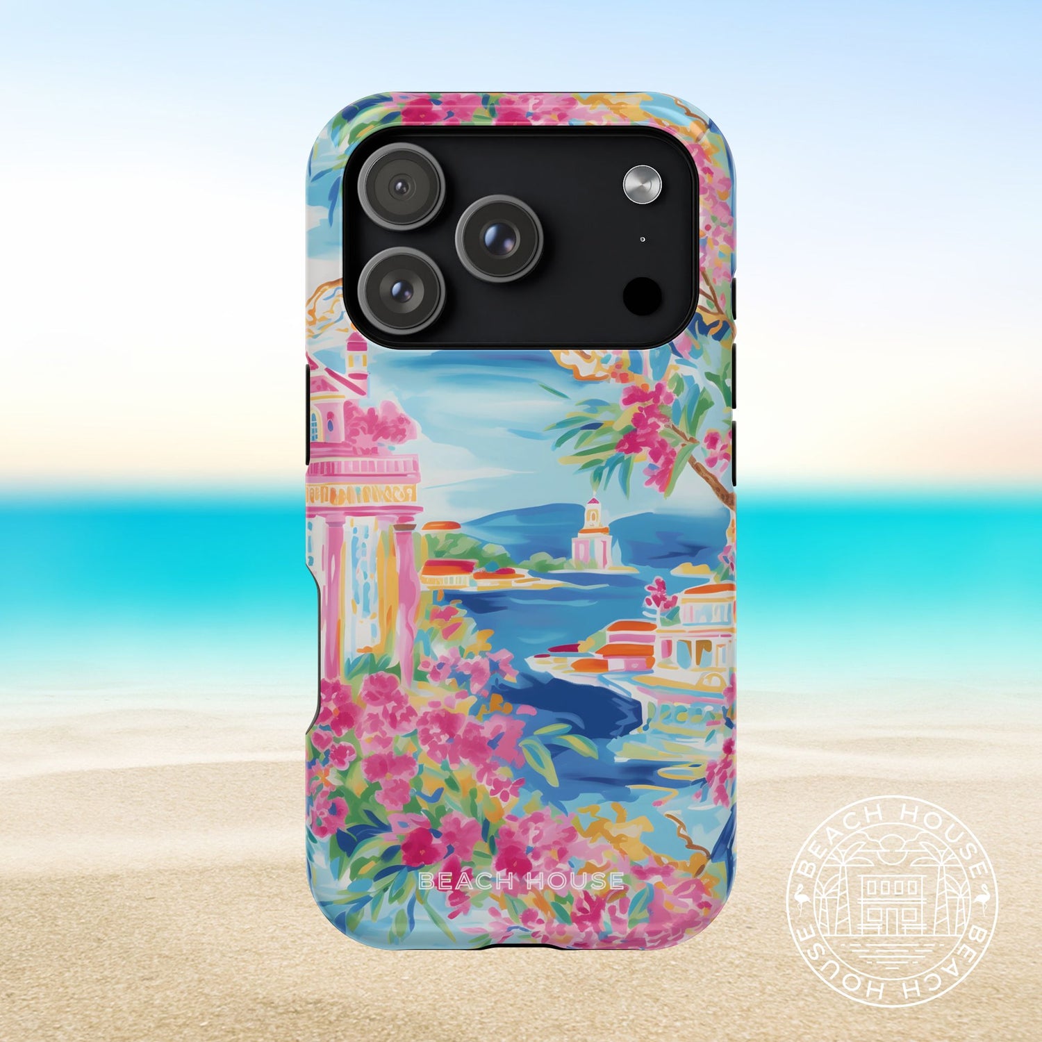 Positano MagSafe Tough Case for iPhone 17 Pro with a colorful beach house design on a gradient background