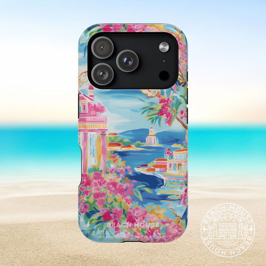 Positano MagSafe Tough Case for iPhone 17 Pro with a colorful beach house design on a gradient background