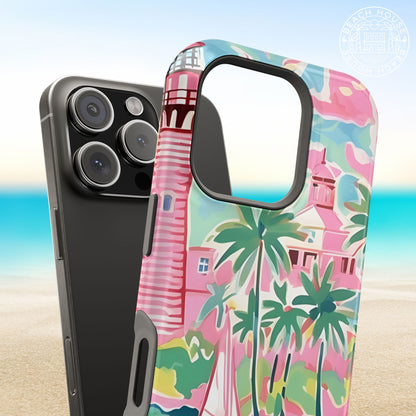 St. Simon MagSafe Tough Case for iPhone with tropical design featuring palm trees and buildings on a beach background