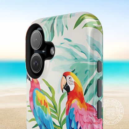 Close up view of the Copacabana MagSafe Tough Case for iPhone with parrot design on a beach background