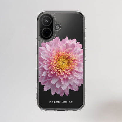 Phone case with a pink flower design on a light gray background