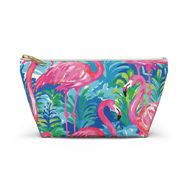 Pouch with pink flamingo design on a blue background