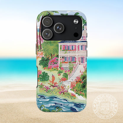 Charleston Tough Case for iPhone for 17 Pro with tropical house design on a beach background