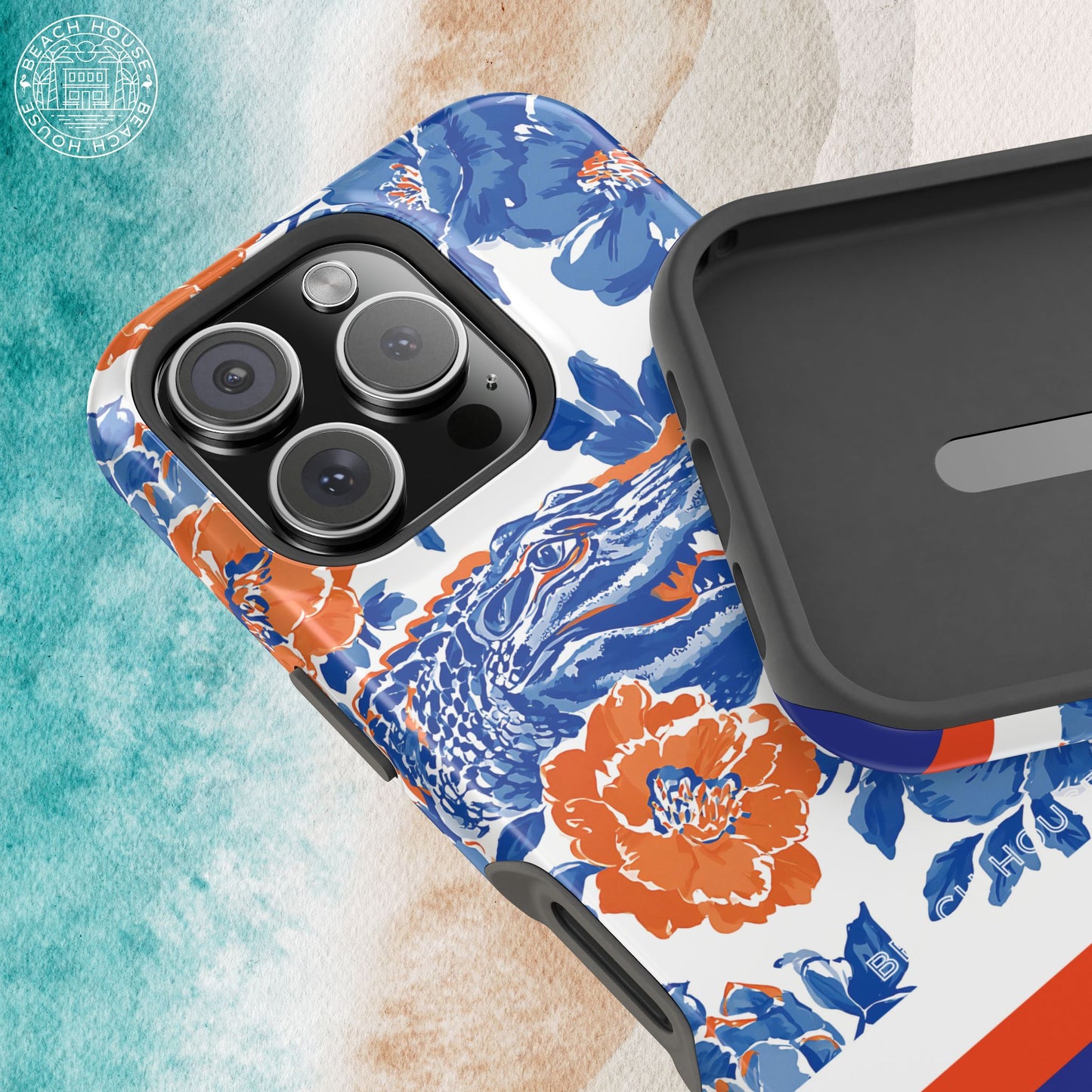 Gainesville MagSafe Tough Case for iPhone with blue and orange floral design on a textured background