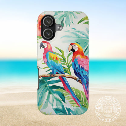 Copacabana Tough Case for iPhone 17 with parrot design on a beach background