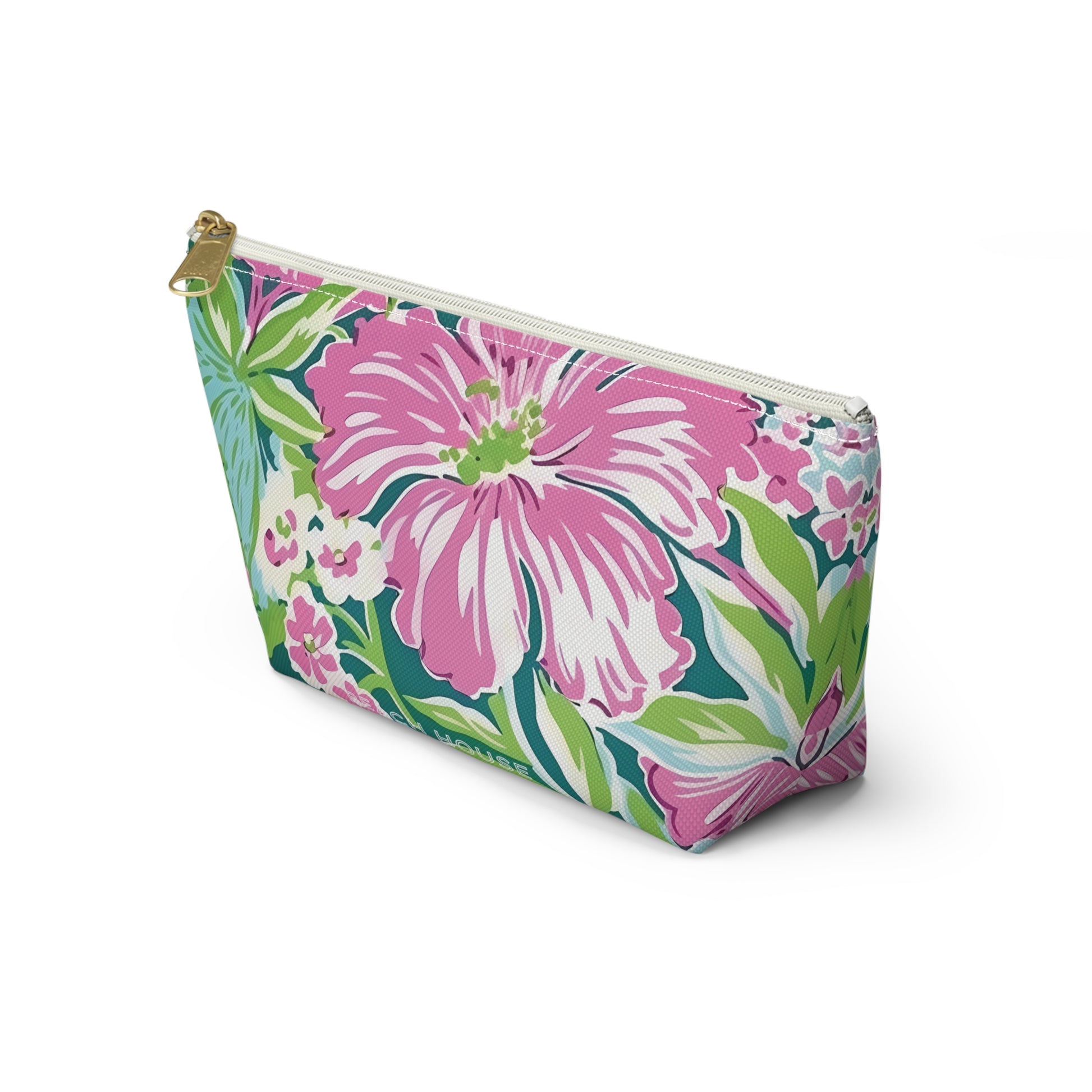 Floral patterned Seaside accessory pouch with pink flowers on a white background