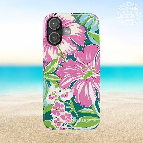 Seaside Slim Case for iPhone 17 with pink floral design on a beach background