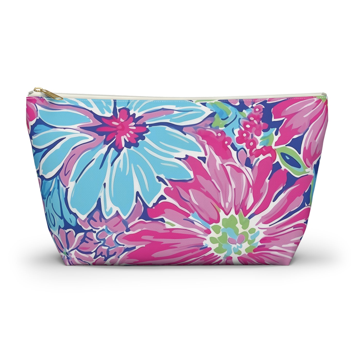 Floral patterned pouch with pink and blue flowers on a white background