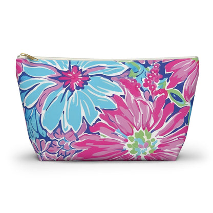 Floral patterned pouch with pink and blue flowers on a white background