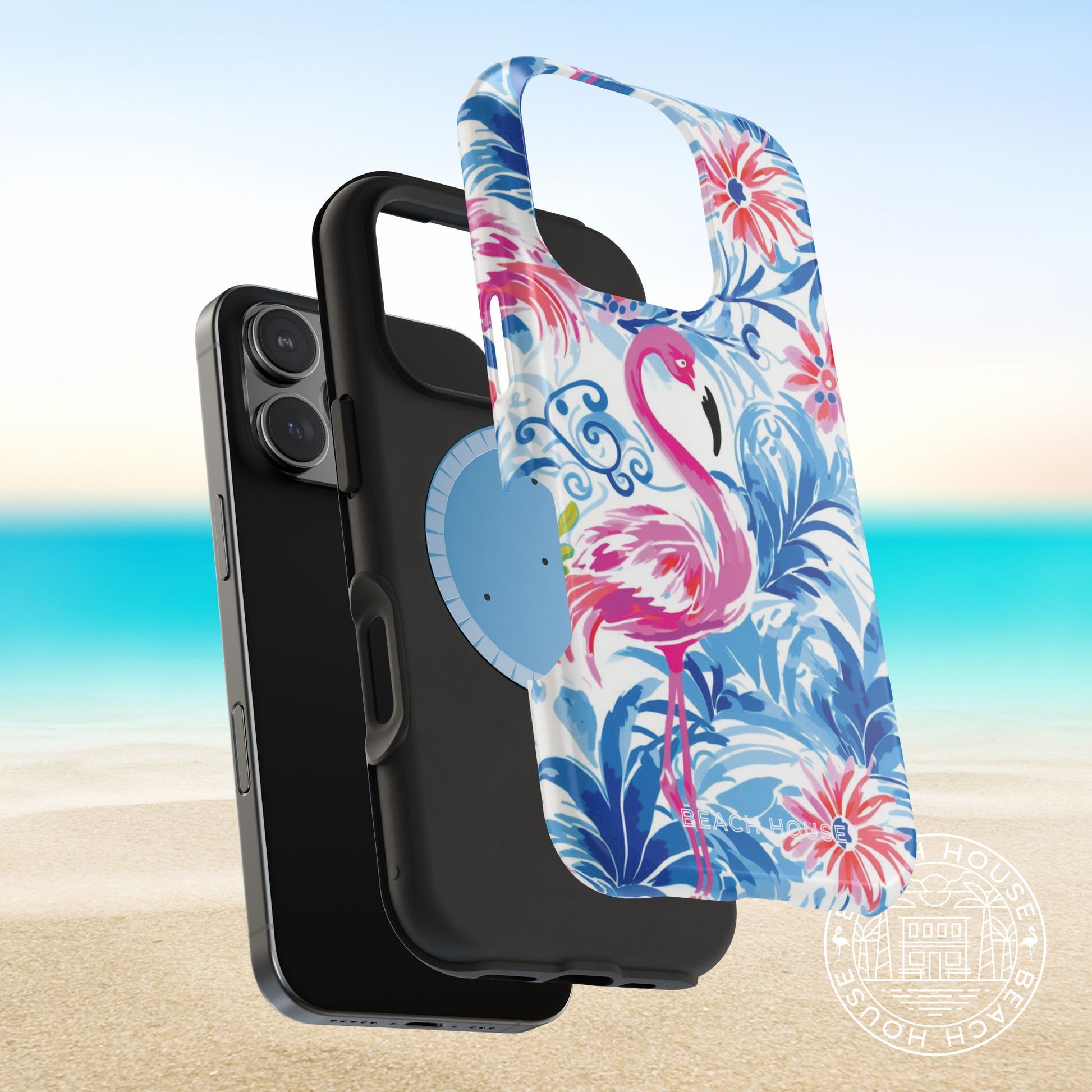 Magsafe shock absorbent layer and out shell view of a Phone case with flamingo design on a beach background