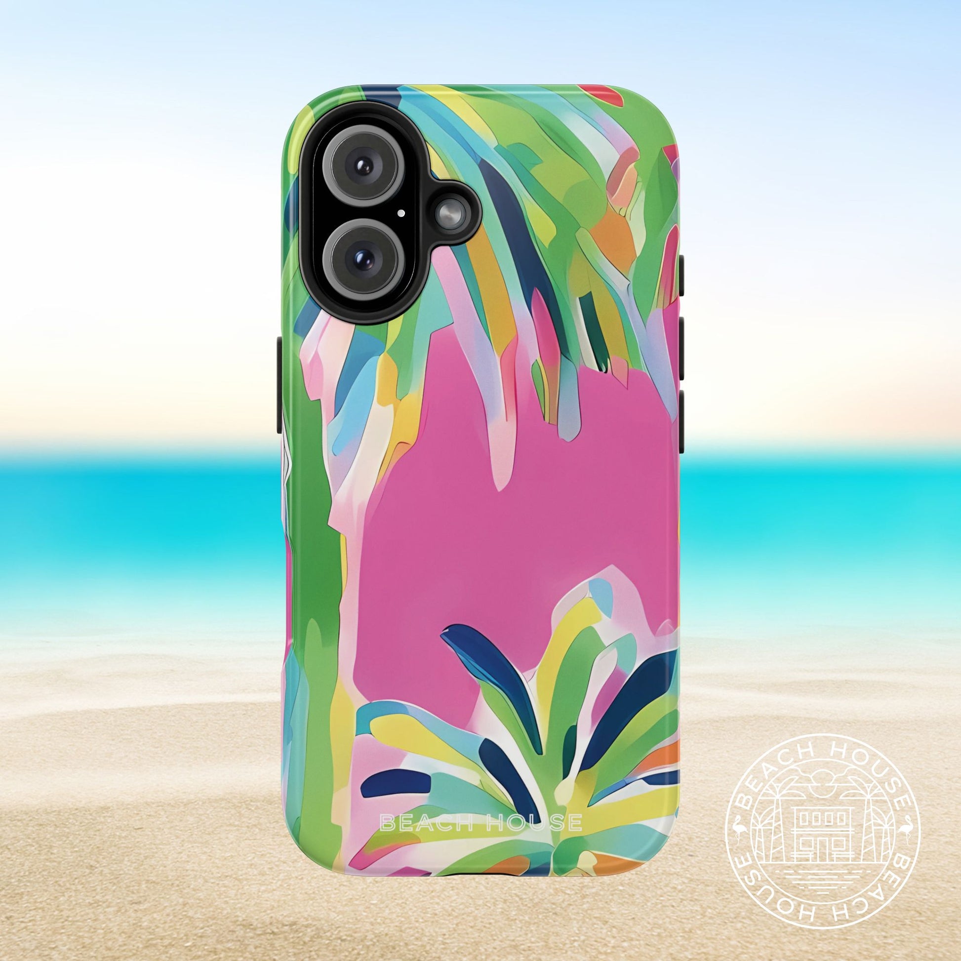 Colorful Boca phone case with palm leaf design on a beach background
