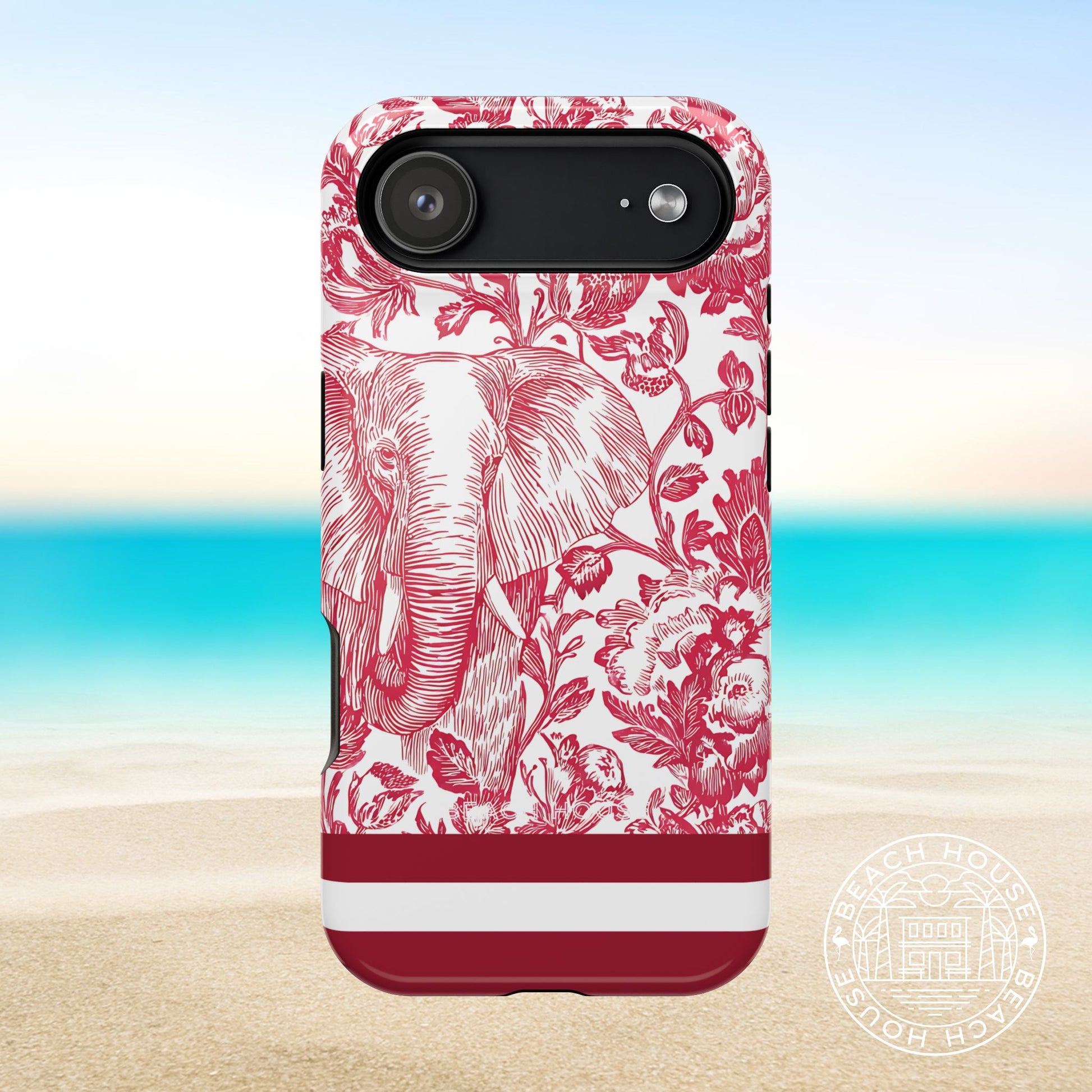 Tuscaloosa MagSafe Tough Case for iPhone 17 Air with elephant and floral design on a beach background