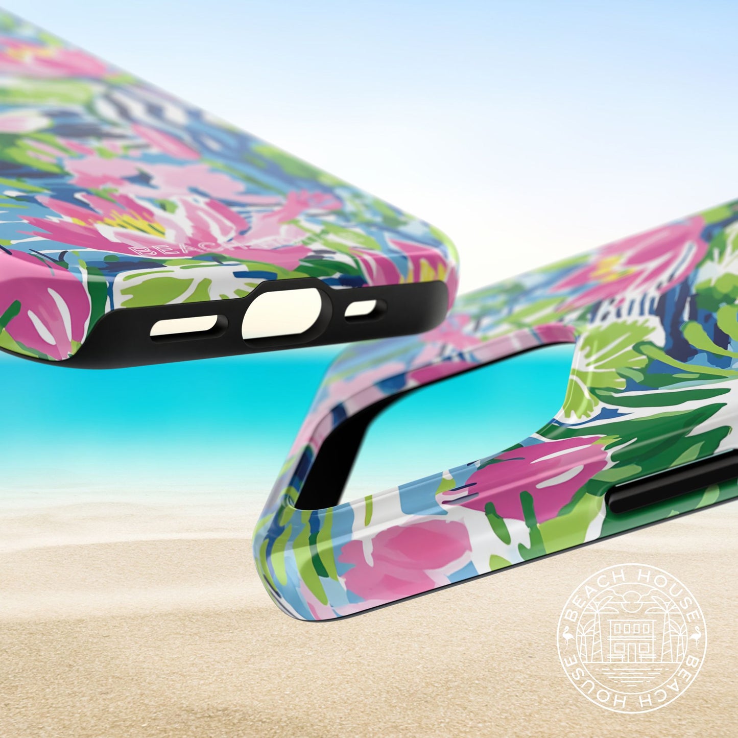 Top and bottom view of the Everglades Tough Case for iPhone on a beach background