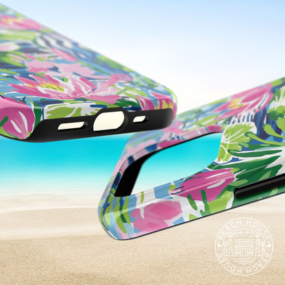 Top and bottom view of the Everglades Tough Case for iPhone on a beach background