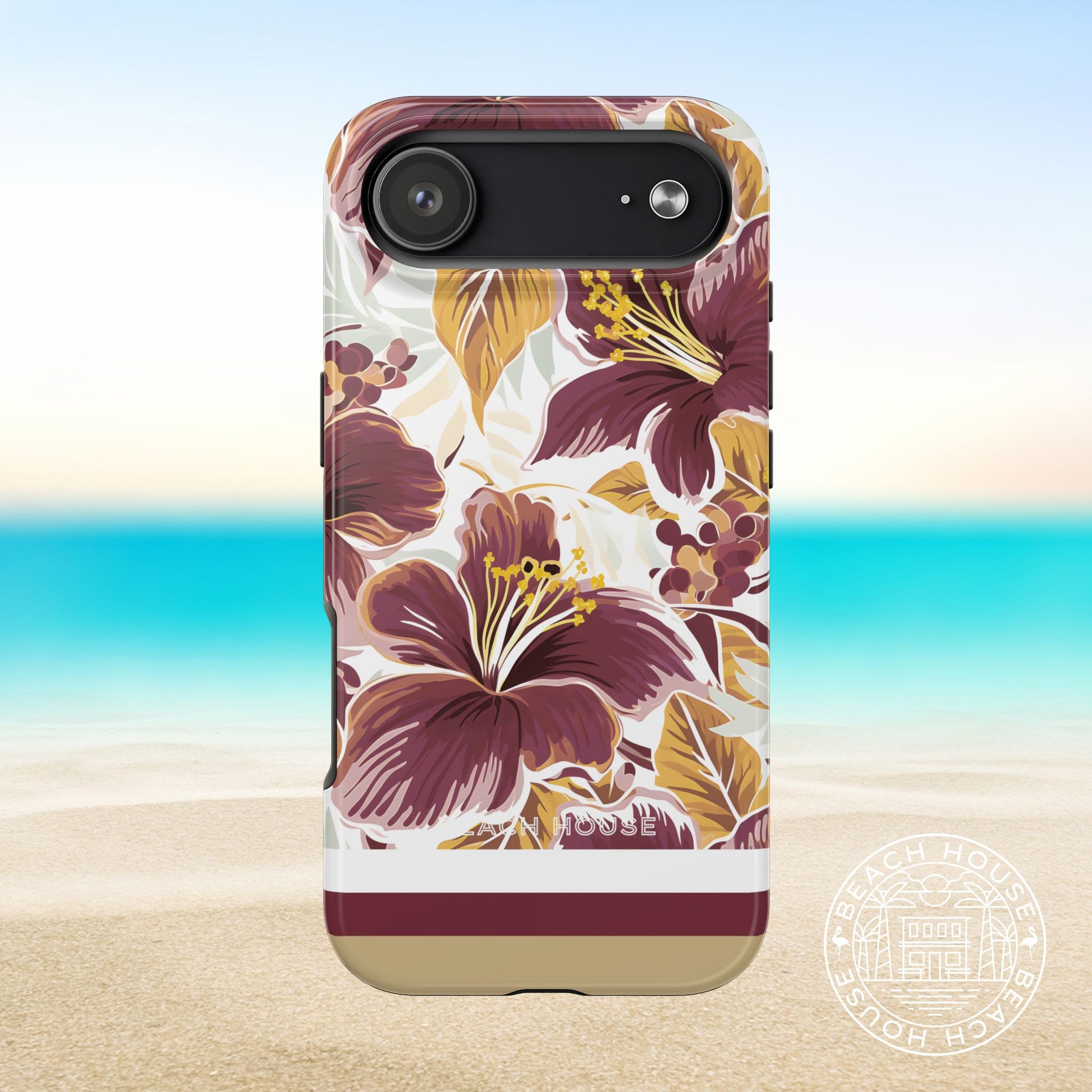 Tallahassee Tough Case for iPhone 17 Air with Beach House brand on a beach background
