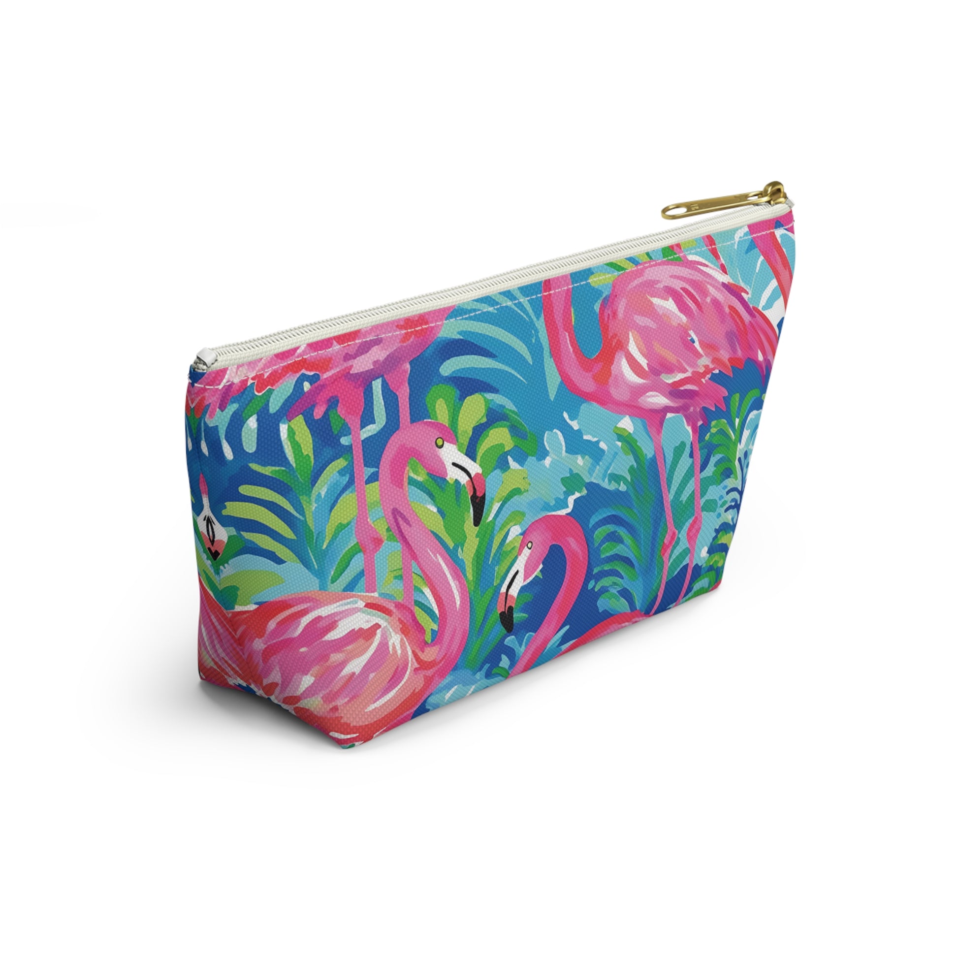 Pouch with flamingo and tropical leaf pattern on a white background