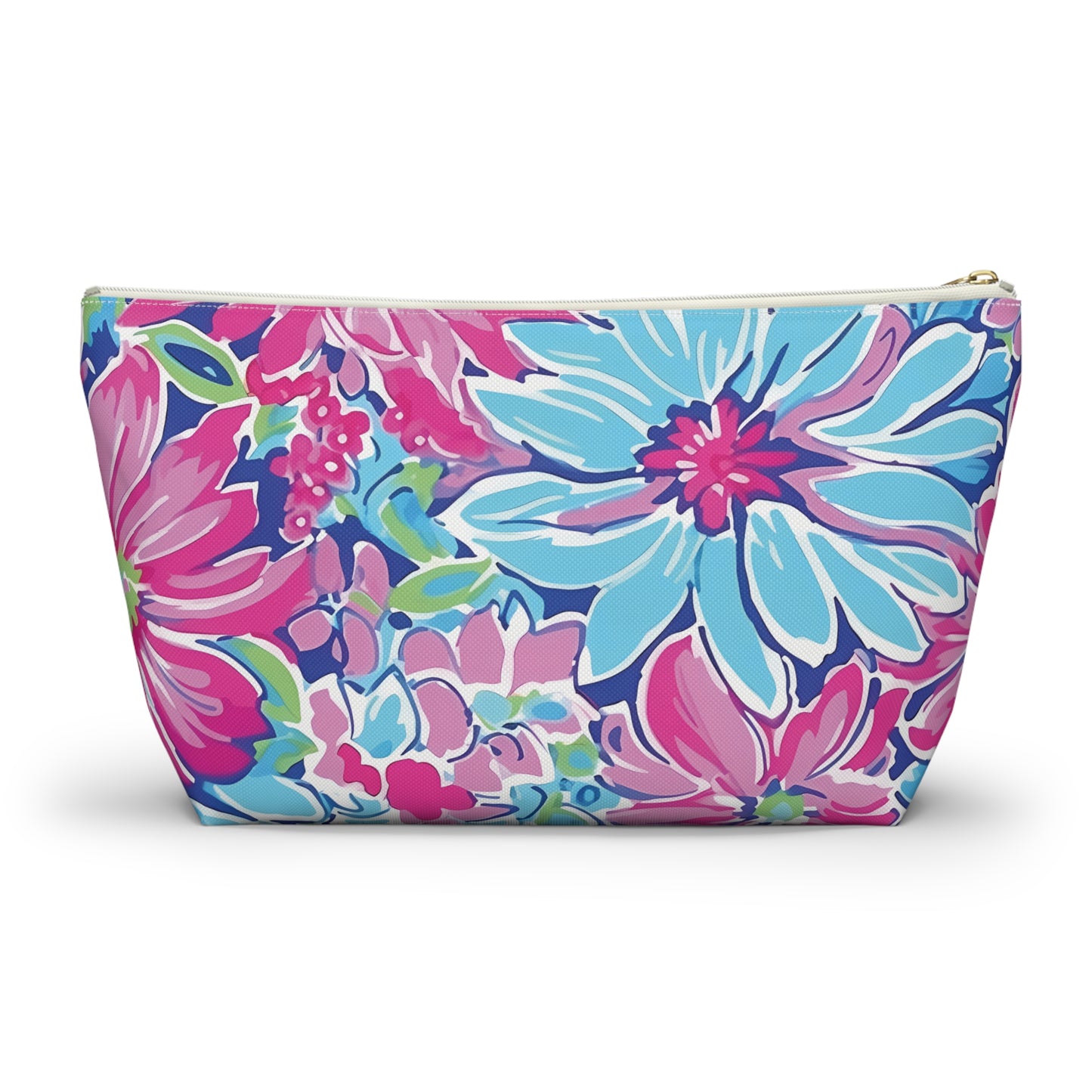 Floral patterned pouch with pink and blue flowers on a white background