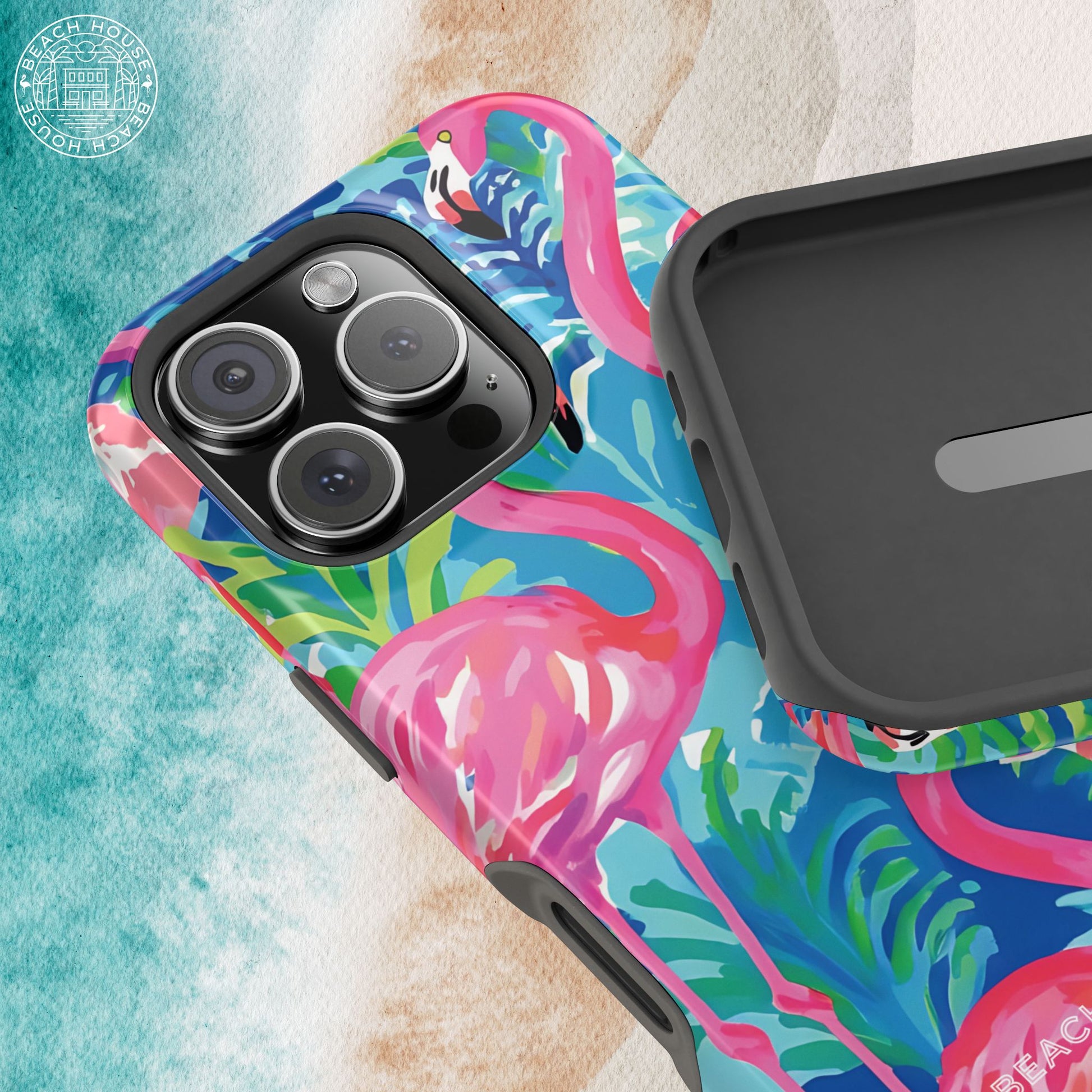Key Largo MagSafe Tough Case for iPhone with flamingo design on a textured surface