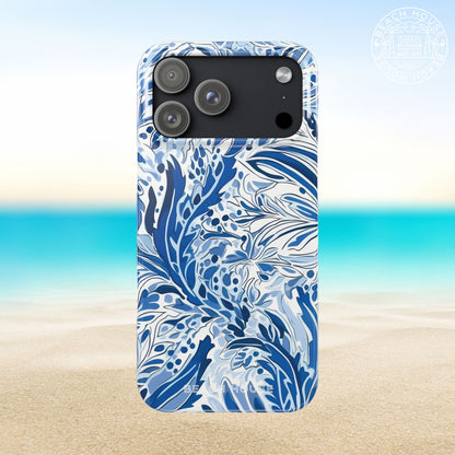Nags Head Slim Case for iPhone 17 Pro Max with blue and white floral pattern on a beach background