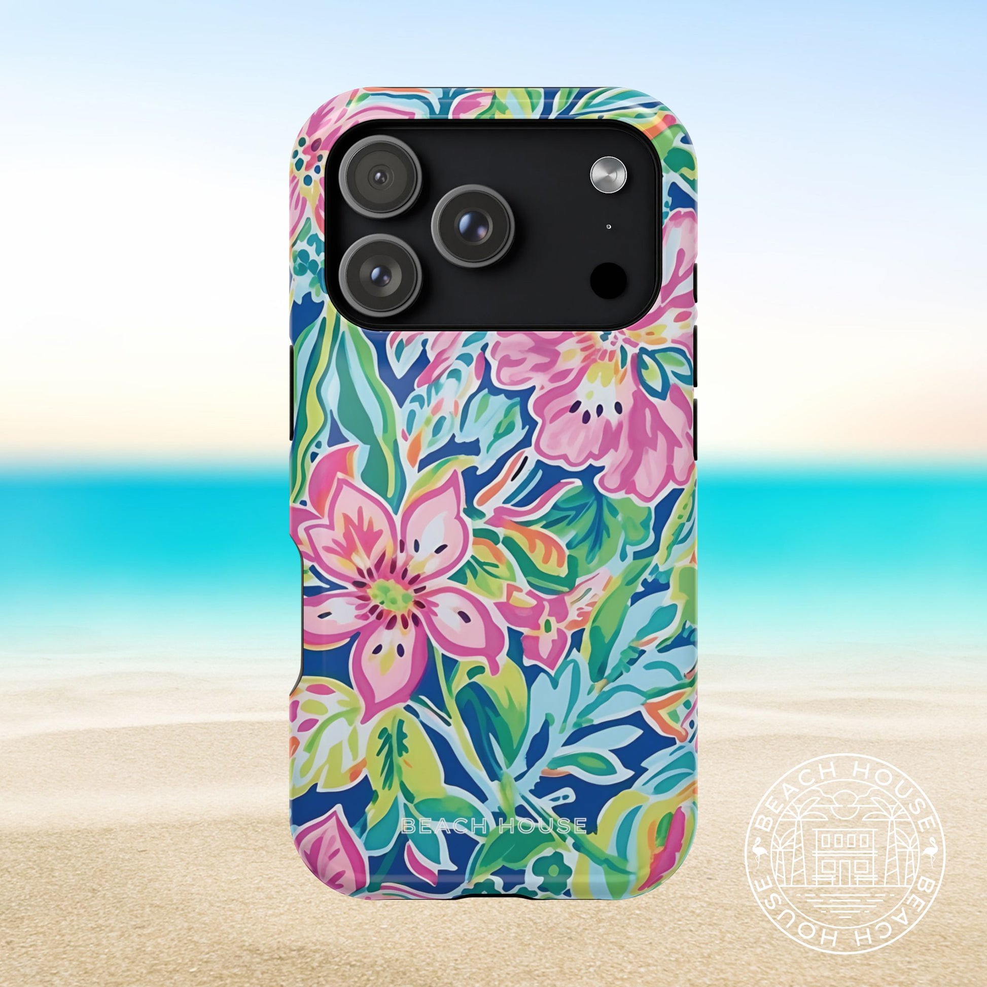 Fernandina MagSafe Tough Case for iPhone 17 Pro on a beach background