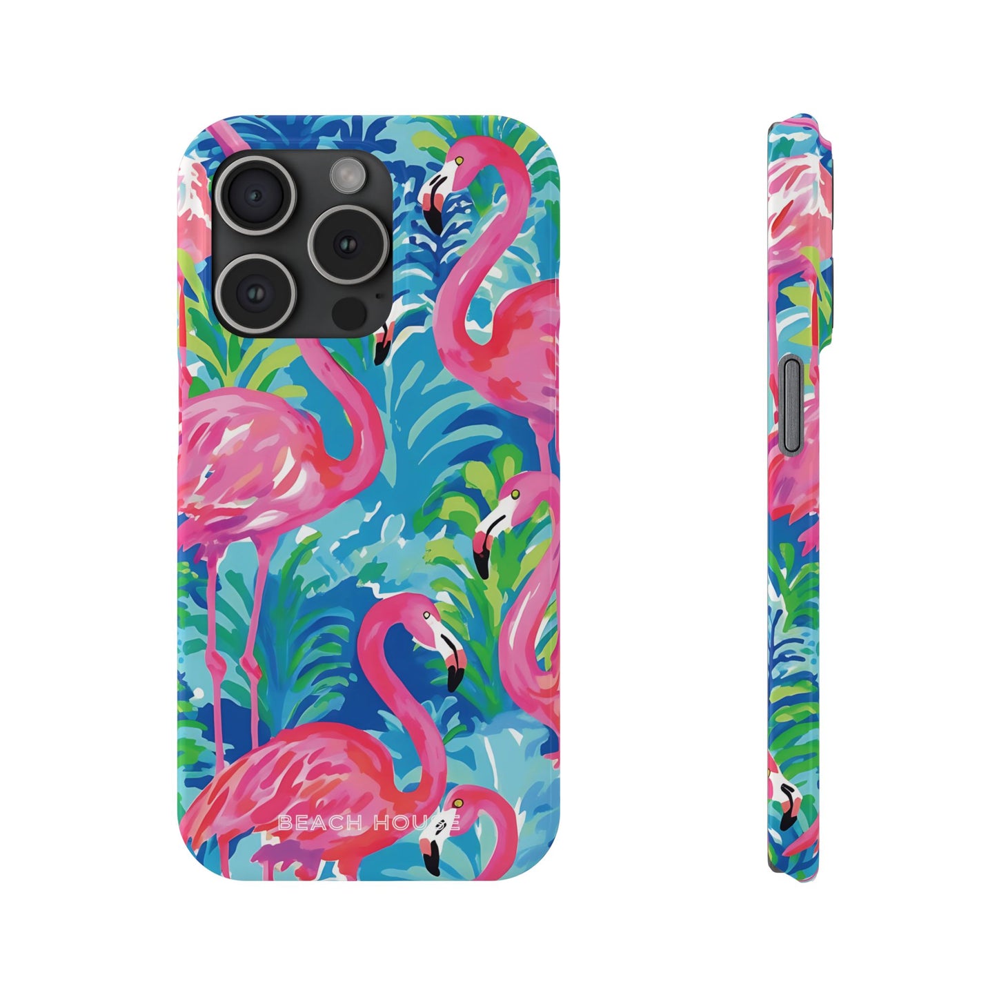 Front and side view of Key Largo Slim Case for iPhone with flamingo and tropical design on a blue background