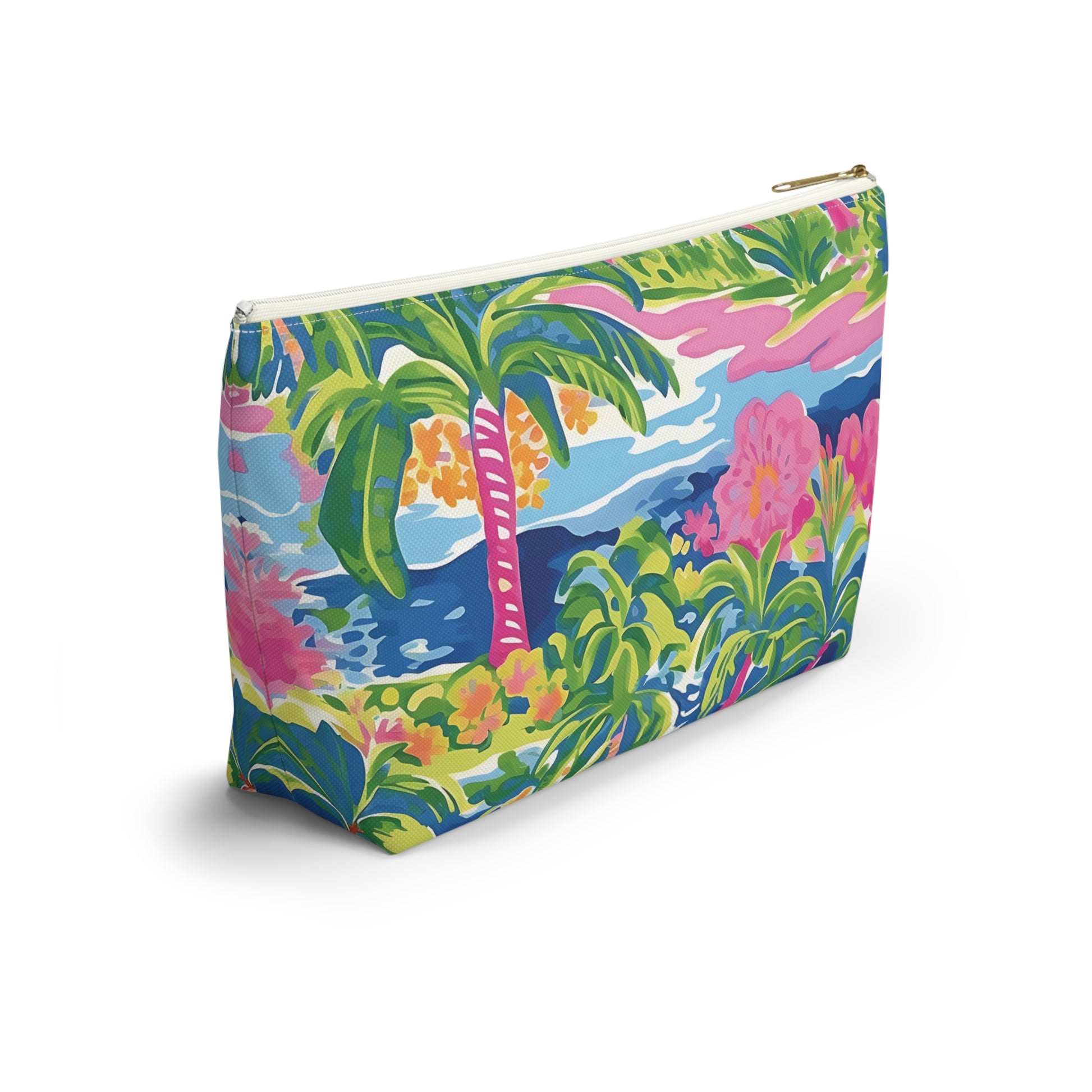Colorful pouch with tropical design on a white background