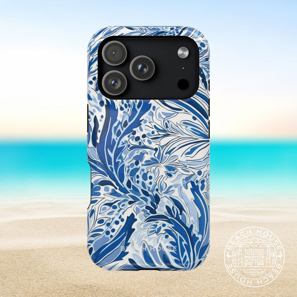 Nags Head MagSafe Tough Case for iPhone 17 Pro with blue and white floral pattern on a beach background