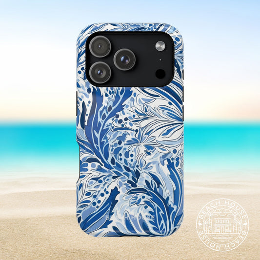 Nags Head MagSafe Tough Case for iPhone 17 Pro with blue and white floral pattern on a beach background