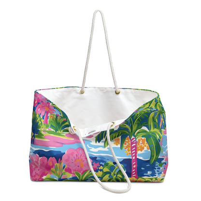 Kiawah design on slightly opened bag showing cream lining and tropical pattern on a white background