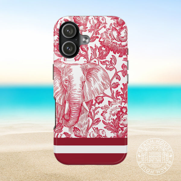 Tuscaloosa Tough Case for iPhone 17 with red floral and elephant design on a beach background