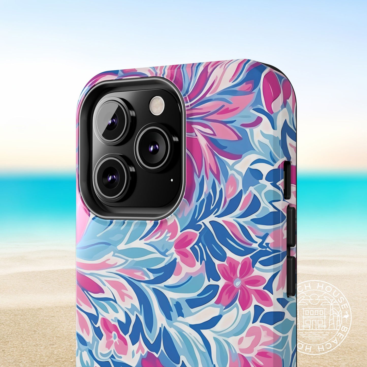 Destin Tough Case for iPhone with floral pattern on a beach background