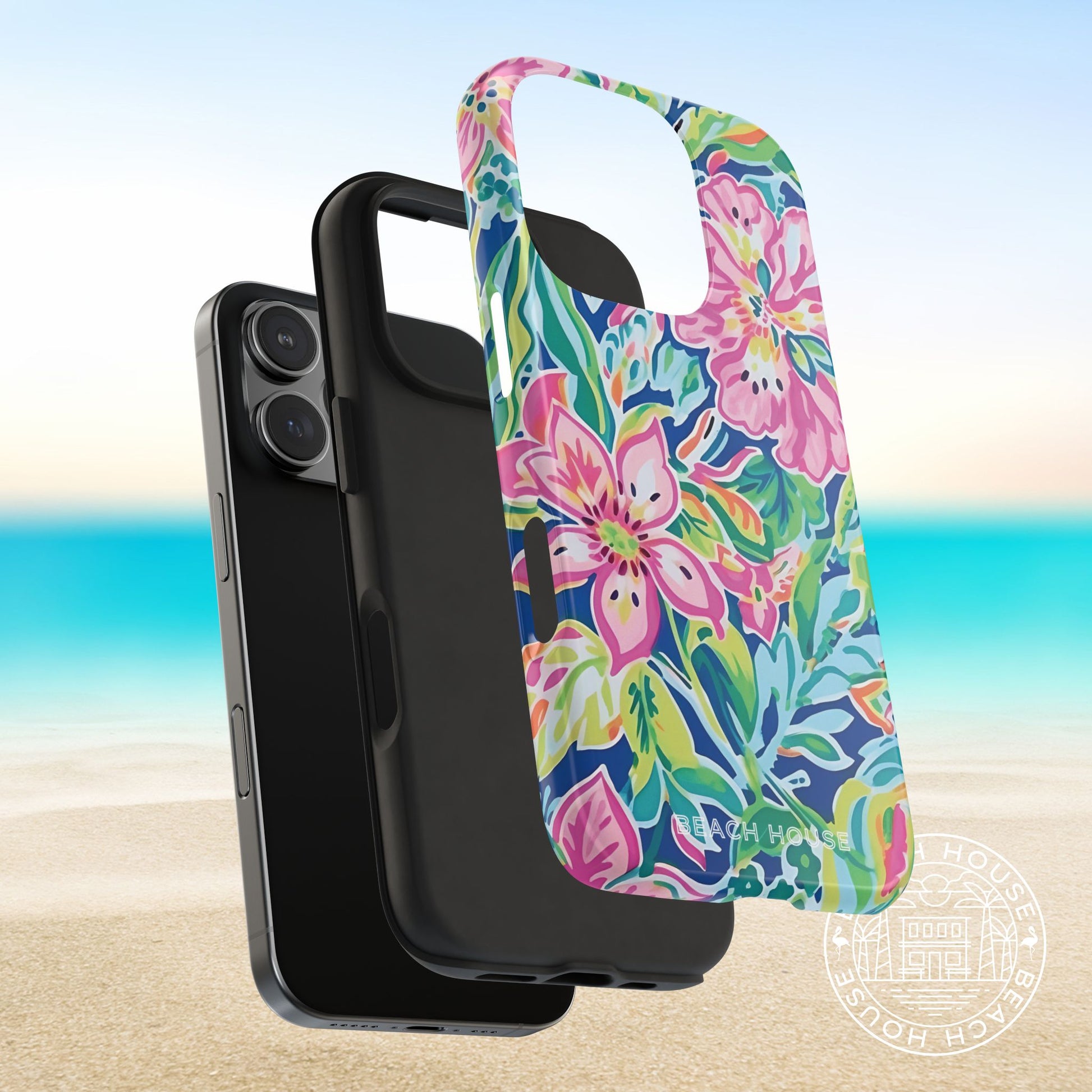 Layer view of the Fernandina Tough Case for iPhone case on a smartphone with a beach background