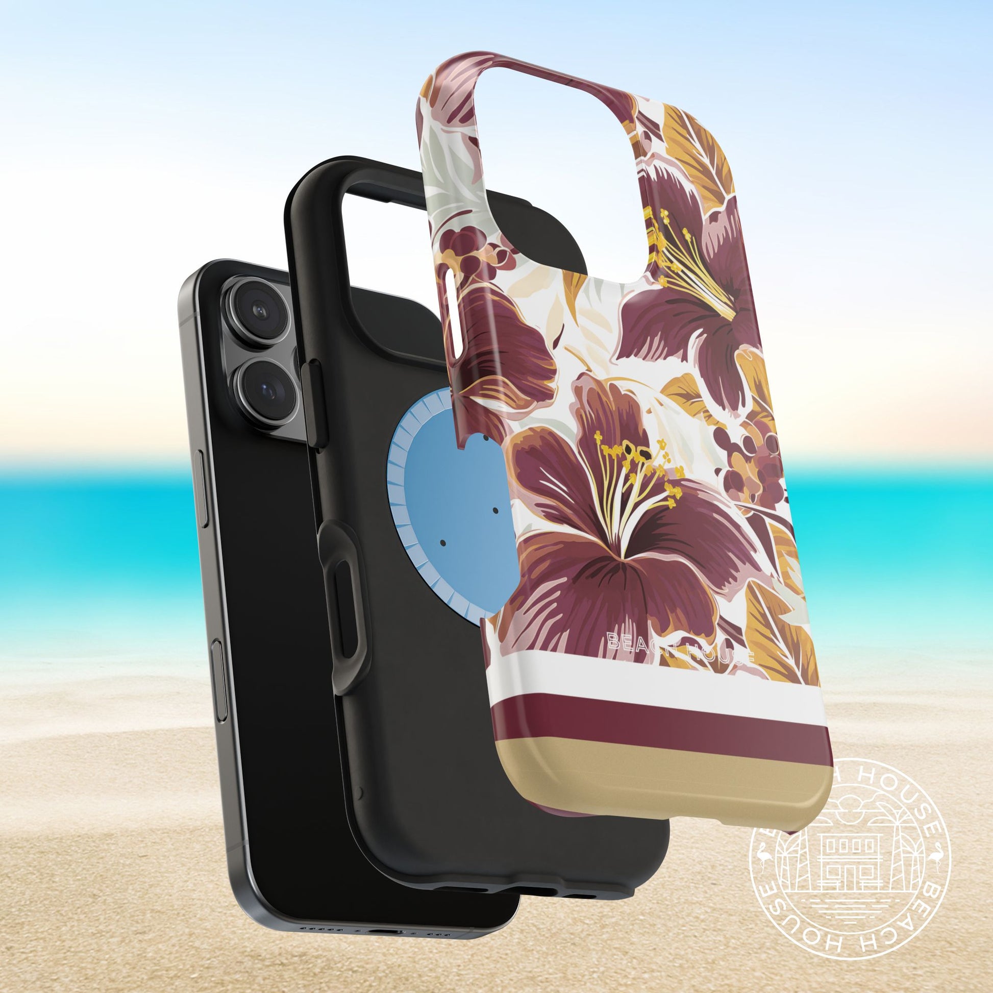 View of layers of the Tallahassee MagSafe Tough Case for iPhone with shock absorbing magnetic liner on a beach background