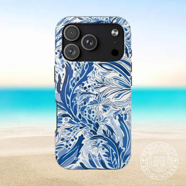 Nags Head case for iPhone 17 Pro  with blue and white floral pattern on a beach background