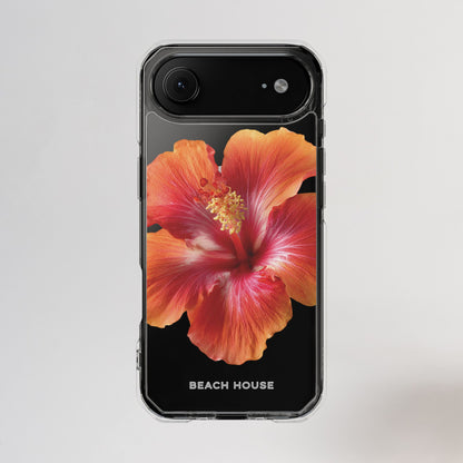 Phone case with a red flower design and 'Beach House' text on a light gray background
