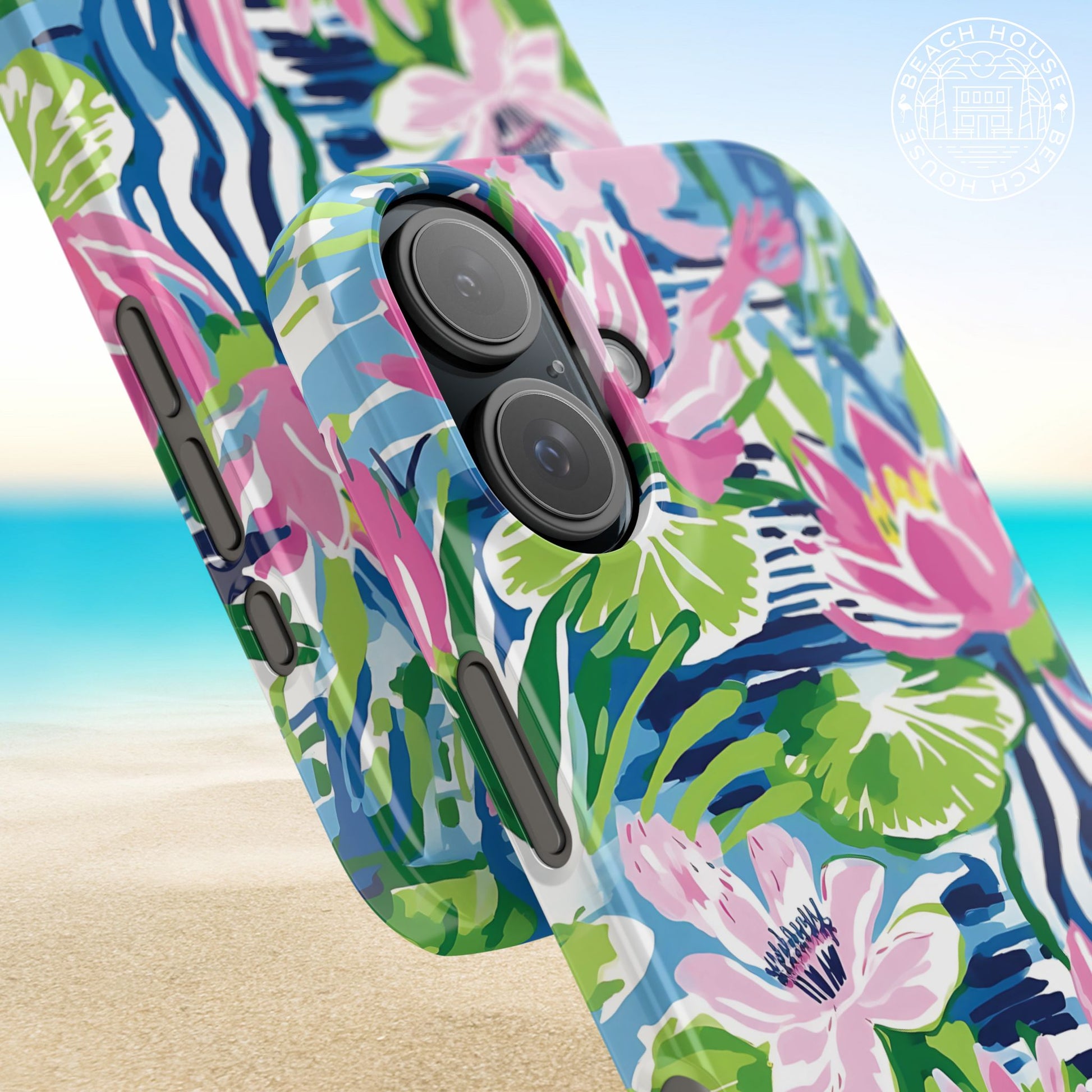 Close up views of the Everglades Slim Case for iPhone with a beach background