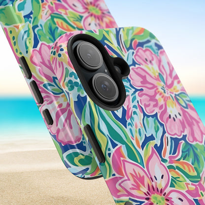 Close up views of the Fernandina Tough Case for iPhone with a beach background