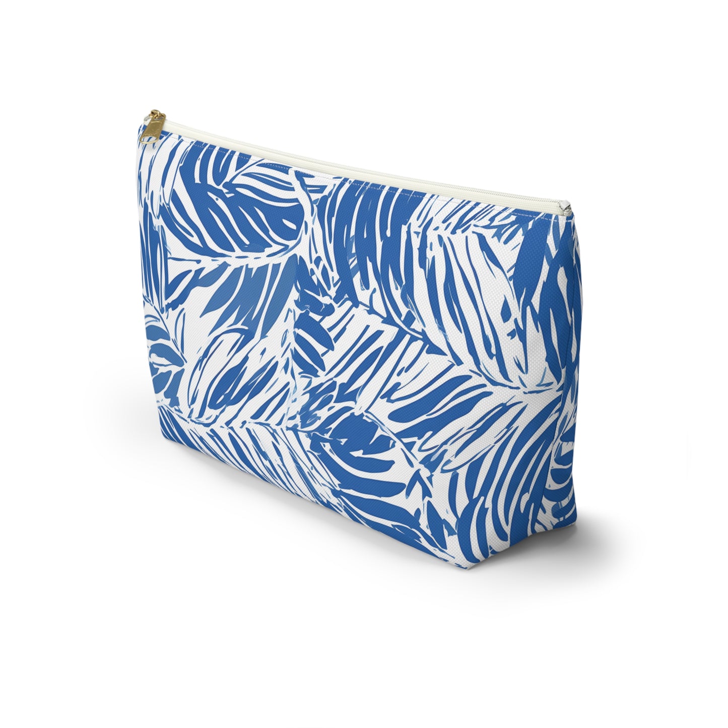 Blue and white leaf patterned pouch on a white background