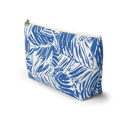 Blue and white leaf patterned pouch on a white background