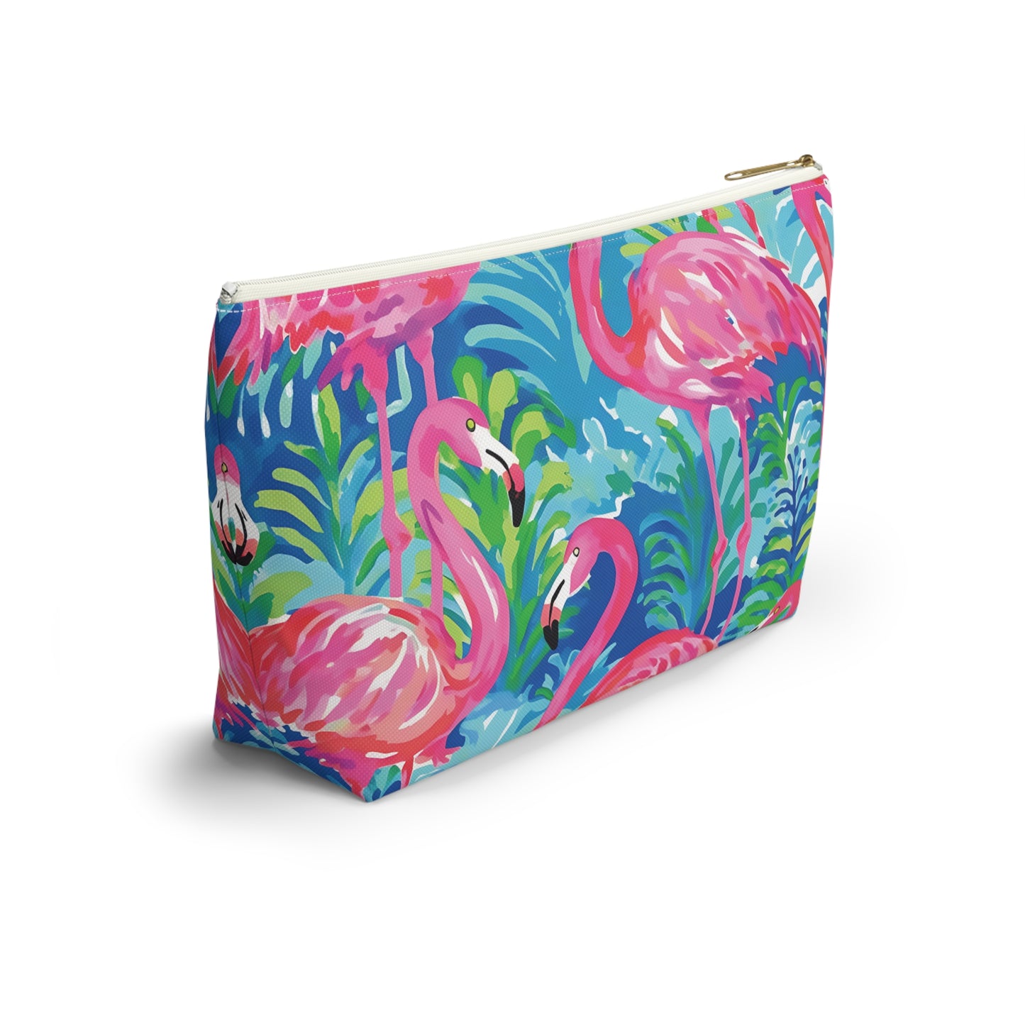 Colorful pouch with flamingo design on a white background