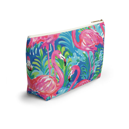 Colorful pouch with flamingo design on a white background