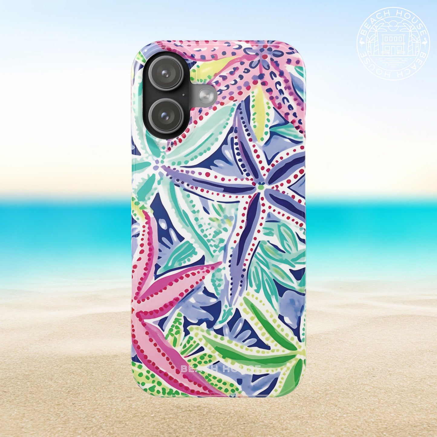 Siesta Key Slim Case for iPhone 17 with colorful leaf pattern on a beach background