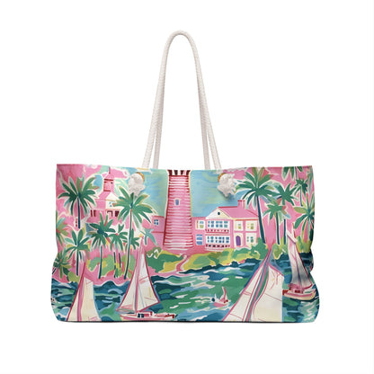 Back side of the St. Simon Weekender tote bag tote bag with tropical scene design on a white background