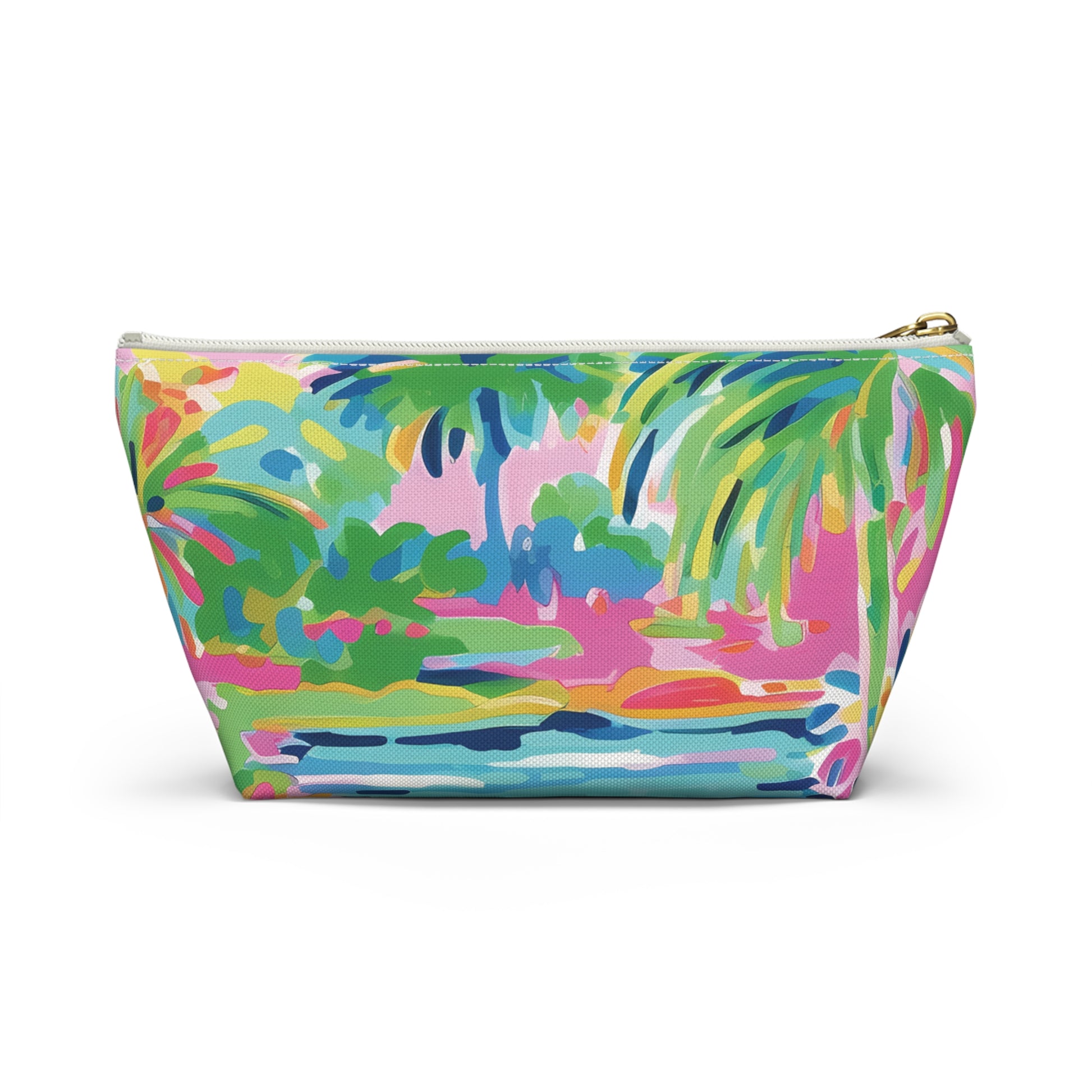Back view of small size makeup bag with tropical design on a white background