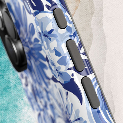 Lexington MagSafe Tough Case for iPhone with blue abstract design and black buttons on a textured surface